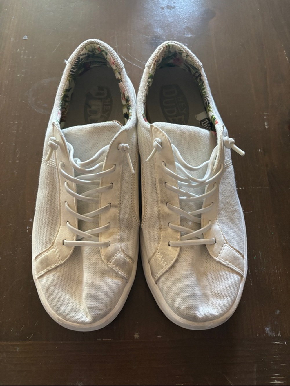 Hey Dude Women's Off-White Canvas Lace-Up Sneakers with Floral Lining